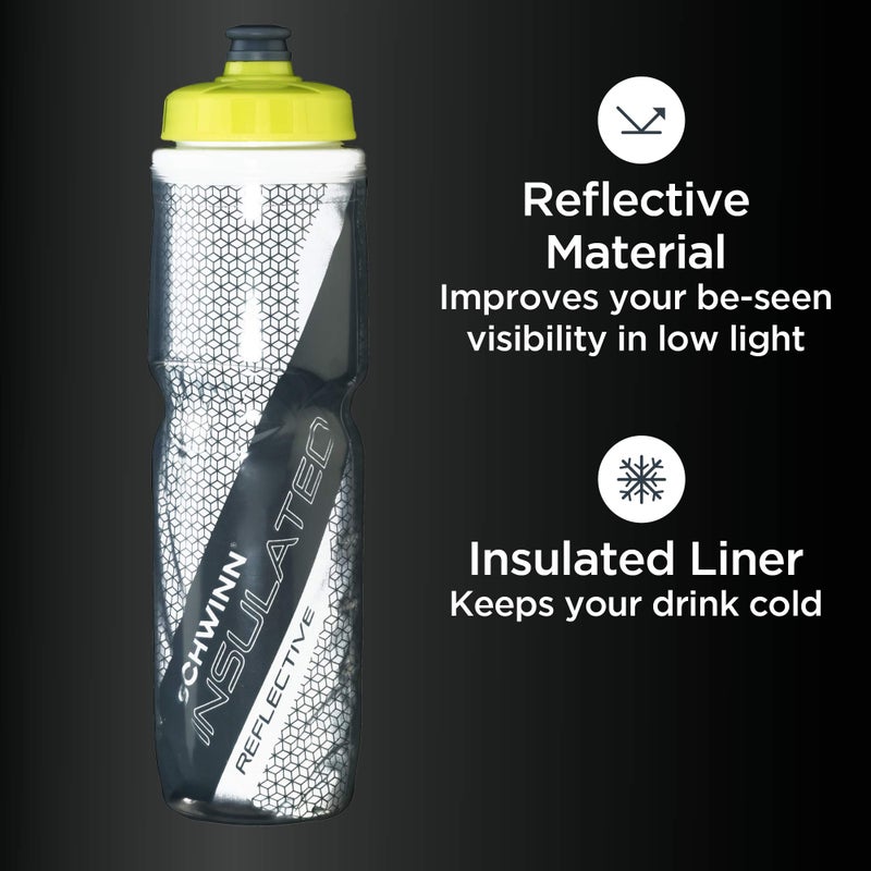 Schwinn Reflective Insulated Water Bottle with Holder for Bicycle, 26 oz, BPA-Free, Dual-Stage Nozzle, Easy Squeeze, Cage Easily Mounts to Bike, Night Visibility, Bike Water Bottle Holder Combo - Image 4